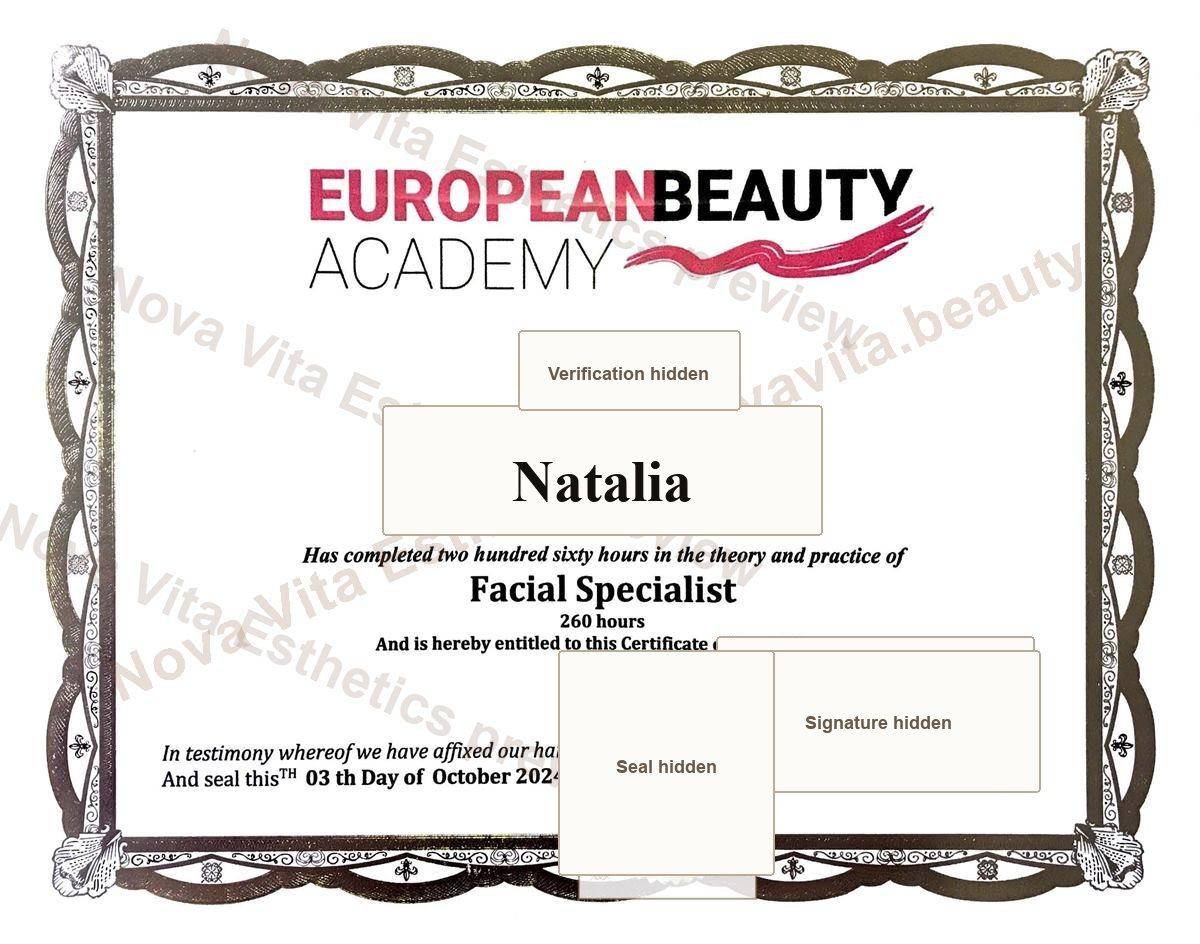 Watermarked certificate preview for Natalia Facial Specialist training through European Beauty Academy