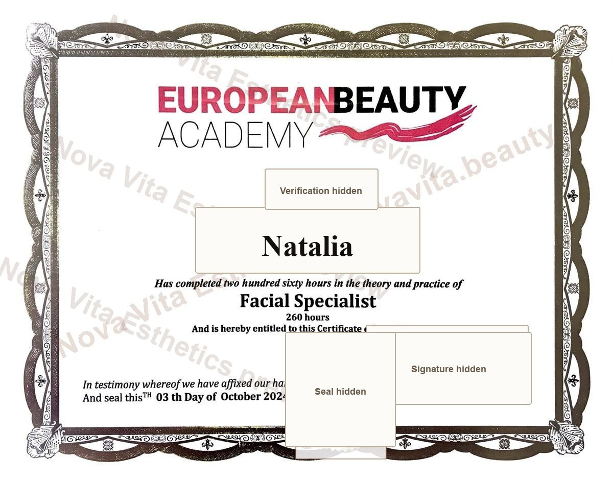 Watermarked certificate preview for Natalia Gagarina Facial Specialist training through European Beauty Academy